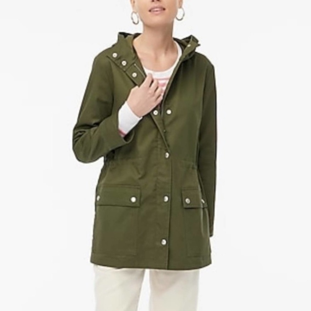 J. Crew Resin Coated Cotton Twill Hooded Women’s Jacket Loden Green Large NWT - Picture 2 of 16